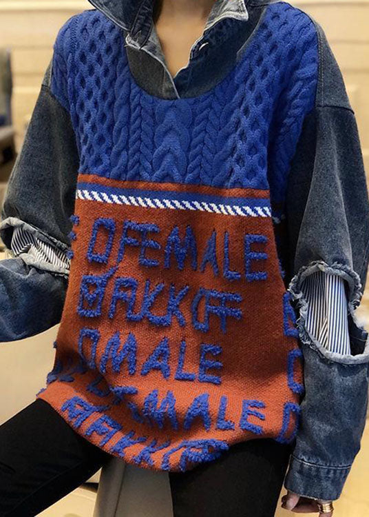 Blue Patchwork Denim Hole Loose Fall Knit Knitted Sweaters