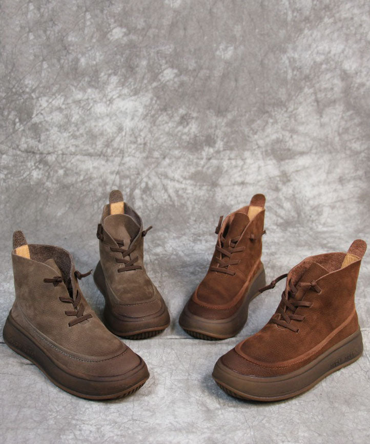 Grey Boots Cowhide Leather Cross Strap Boots