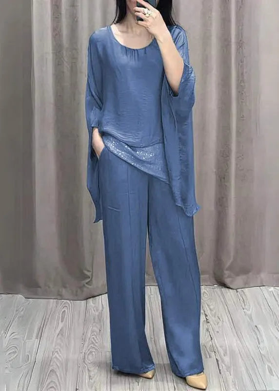 Loose Purple O Neck Tops and Pants Cotton Two Pieces Set Batwing Sleeve