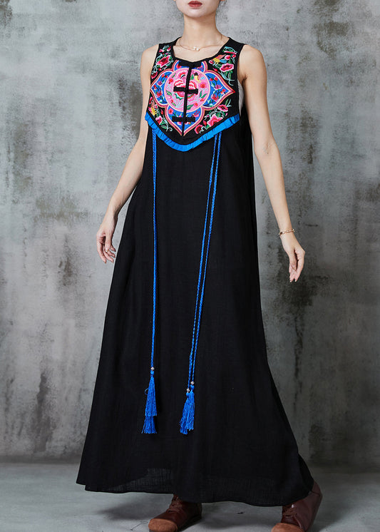 Style Black Embroidered Tasseled Cotton Holiday Dress Sleeveless