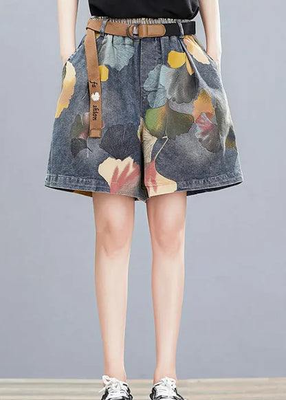 Print Elastic Waist Sashes Denim Shorts Summer