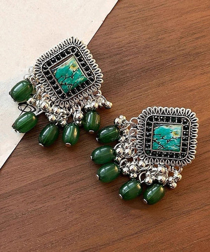 Green Geometric Tassel Silver Plated Drop Earrings