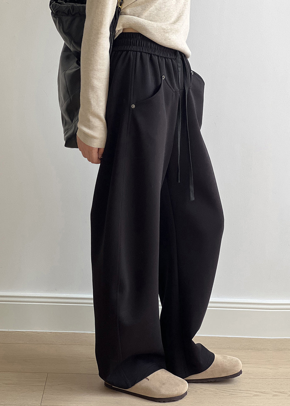 Black Pockets Cotton Pants Drawstring Elastic Waist Fall