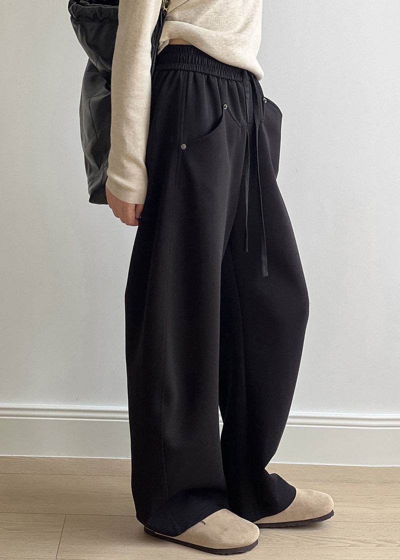 Black Pockets Cotton Pants Drawstring Elastic Waist Fall