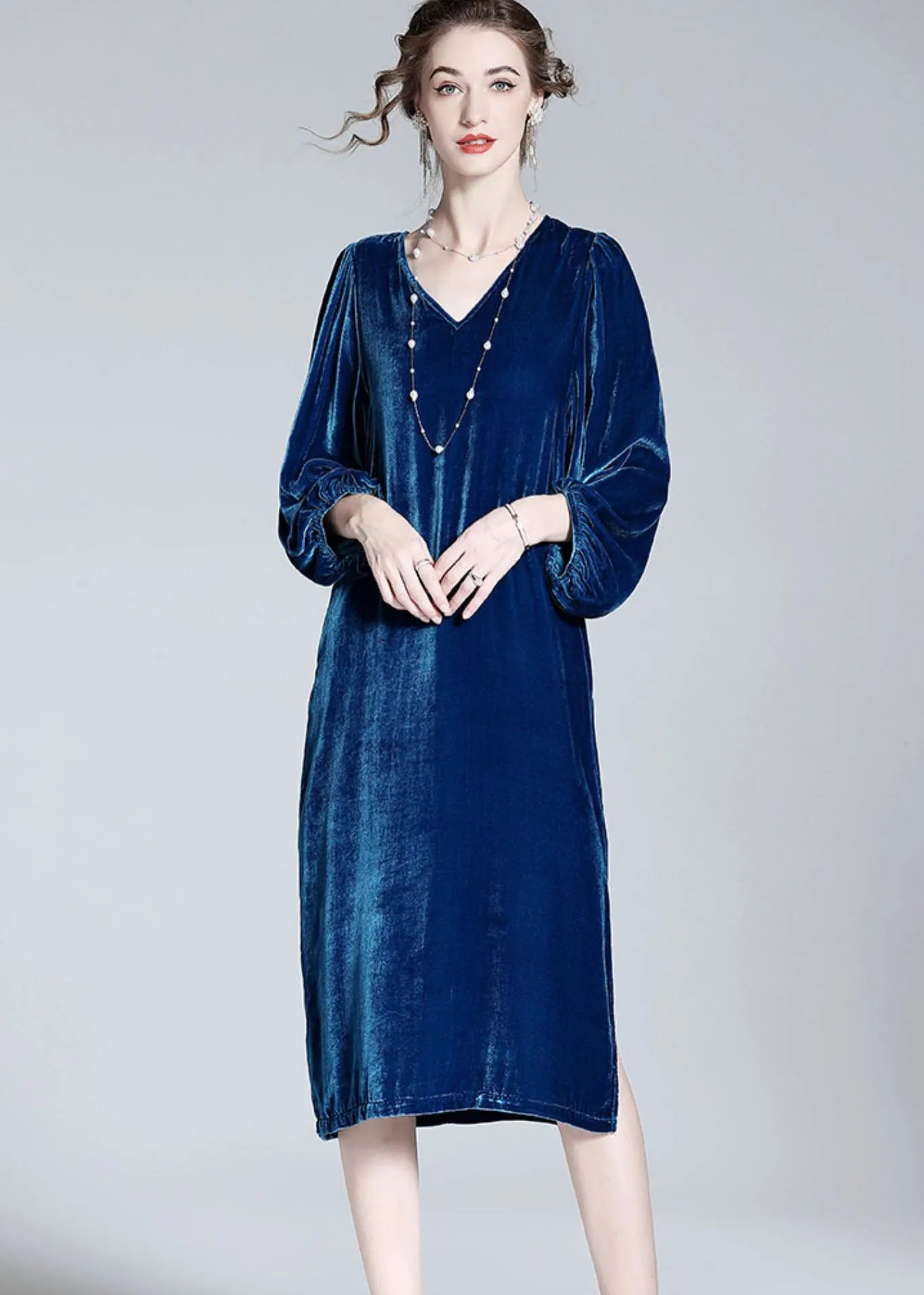 Style Blue V Neck Patchwork Wrinkled Silk Velour Dresses Spring