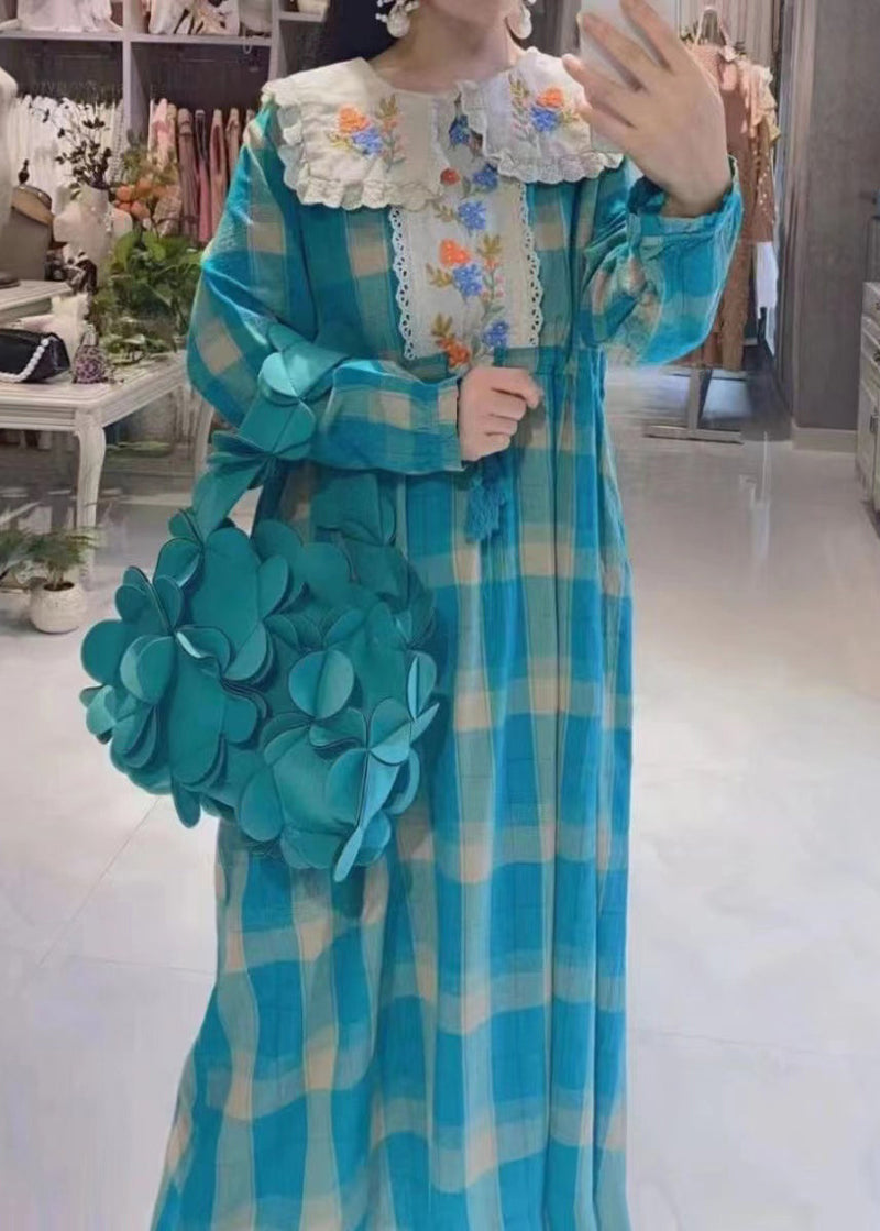 Blue Plaid Embroideried Patchwork Cotton Dress Spring