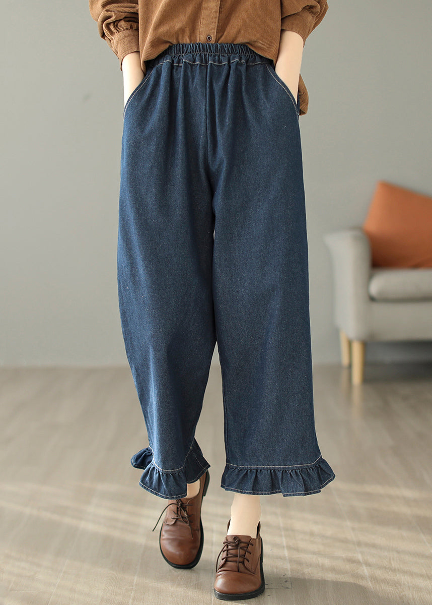 Blue Ruffled Patchwork Pockets Straight Jeans Spring