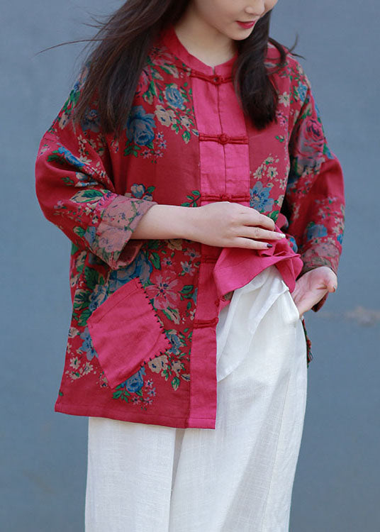 Red Stand Collar Patchwork Print Linen Blouses Spring