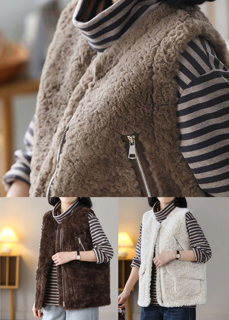 Coffee O-neck Pockets Warm Fuzzy Fur Fluffy Vest Spring