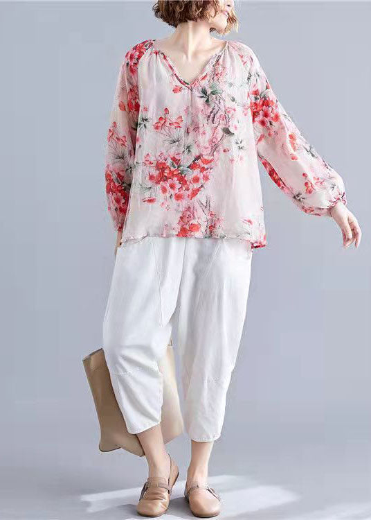 Blue V Neck Print Tops Lantern Sleeve