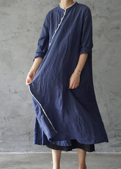 Retro Tibetan Blue Lace Patchwork Linen Dresses Long Sleeve