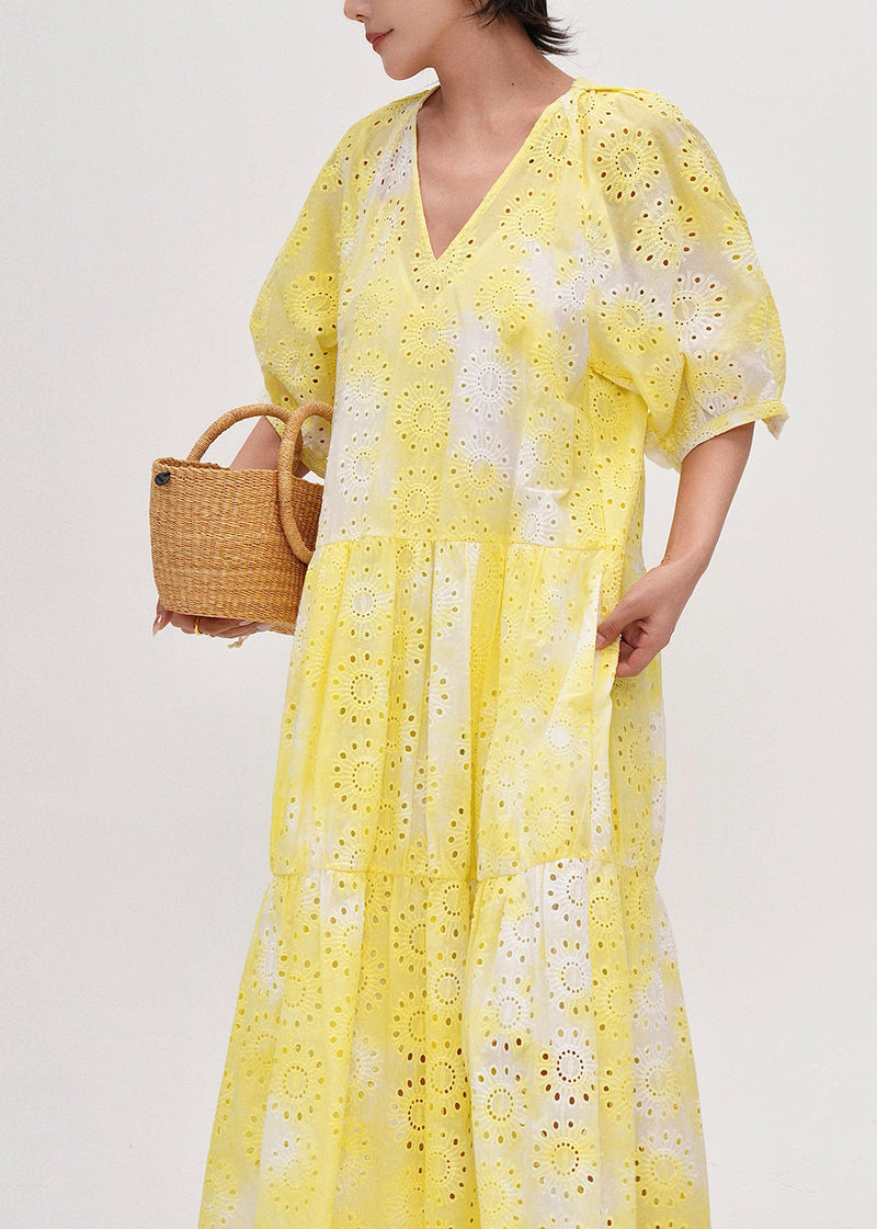 Yellow Tie Dye Hollow Out Cotton Holiday Dress Summer