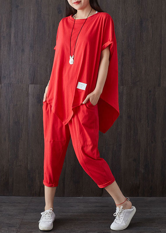 Red O-neck Asymmetrical Design Patchwork Cotton Two Pieces Set Summer