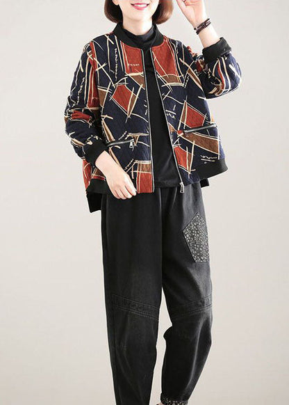 Red Stand Collar Pockets Print Fine Cotton Filled Witner Coat