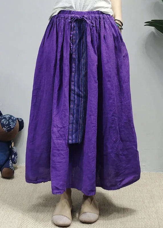 Chinese Style Purple Tie Waist Patchwork Linen Shirt Top a Line Skirt Two Piece Suit Set Long Sleeve