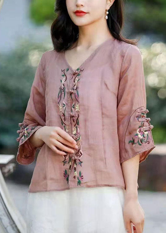 Pink Button Linen Shirt Tops Three Quarter Sleeve