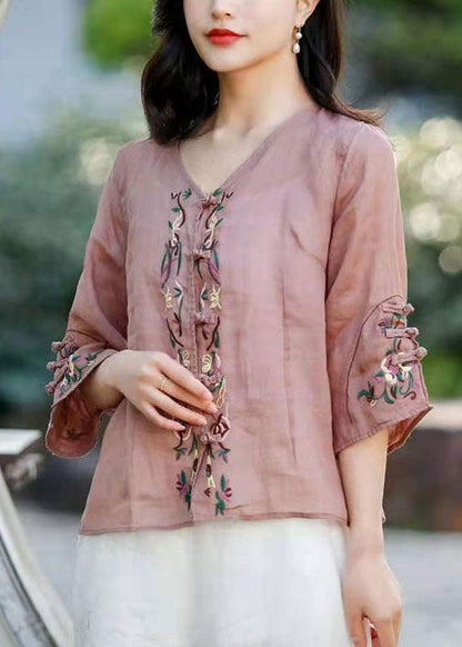 Pink Button Linen Shirt Tops Three Quarter Sleeve