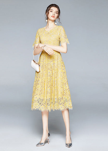 French Yellow Zip Up Slim Fit Lace Party Dress Short Sleeve Summer