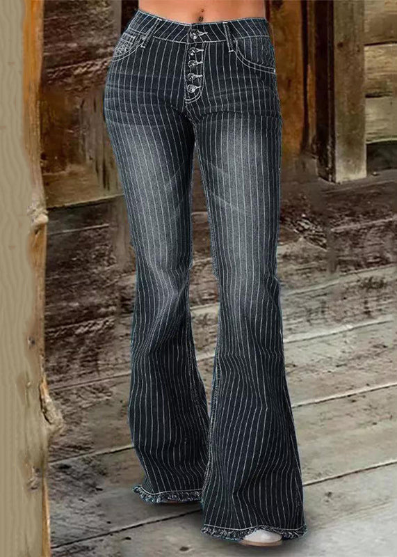 Stylish Blue Striped High Waist Denim Flare Bottoms Spring