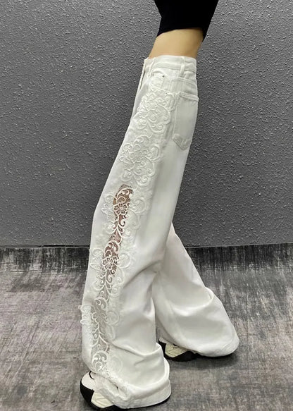 Style White Hollow Out Lace Patchwork Denim Straight Pants Fall