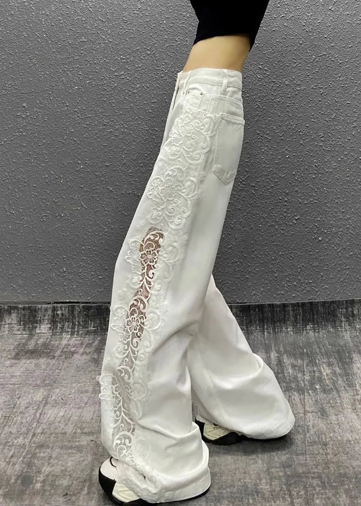 Style White Hollow Out Lace Patchwork Denim Straight Pants Fall