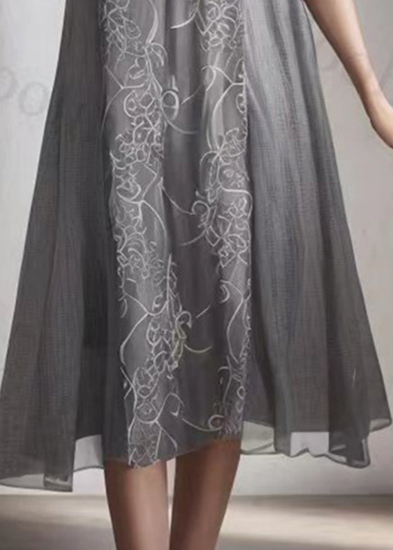 Grey Patchwork Silk Maxi Dress Short Sleeve
