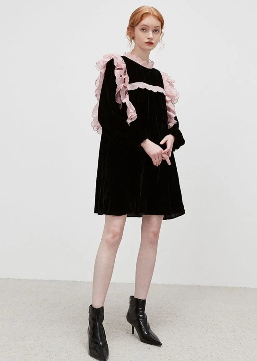 Black Stand Collar Patchwork Ruffled Velour Mid Dresses Spring