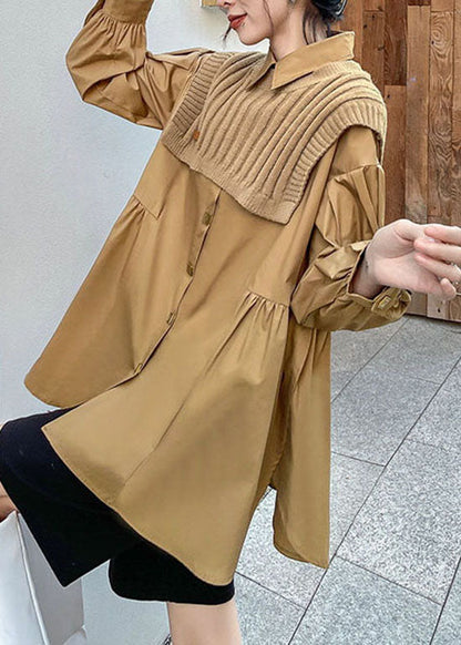 Simple Khaki Peter Pan Collar Cinched Shirt Knit Vest Two Pieces Set Spring