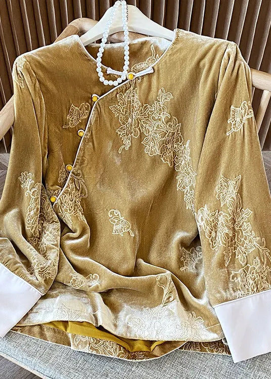 Yellow Oriental Button Jacquard Velour Shirt Top Spring