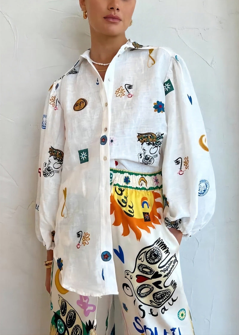 White Peter Pan Collar Button Print Cotton Blouses Long Sleeve