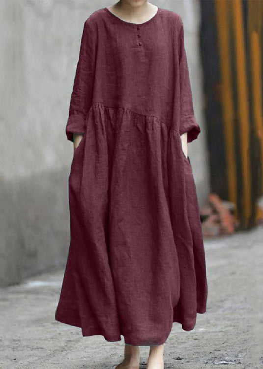 Color Black Cotton Linen Long Sleeve Swing Long Dress