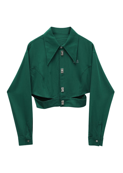 Blackish Green Peter Pan Collar Button Tops Long Sleeve