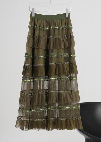 Unique Green Elastic Waist Tulle a Line Skirts Spring