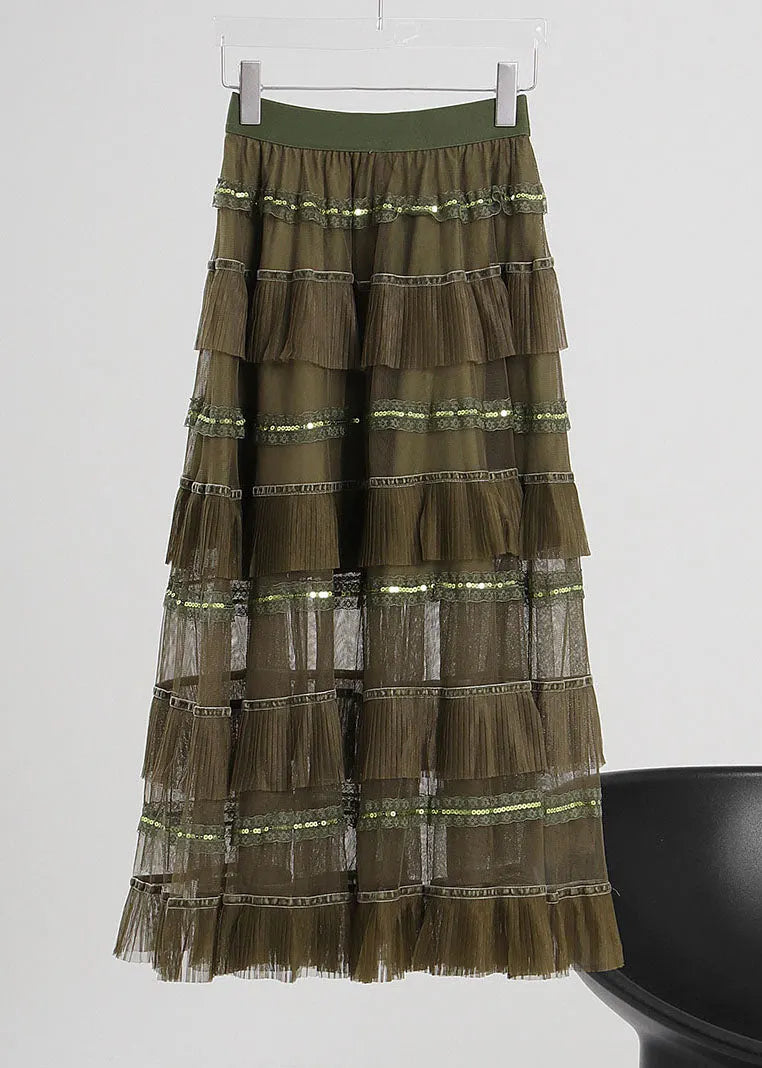 Unique Green Elastic Waist Tulle a Line Skirts Spring