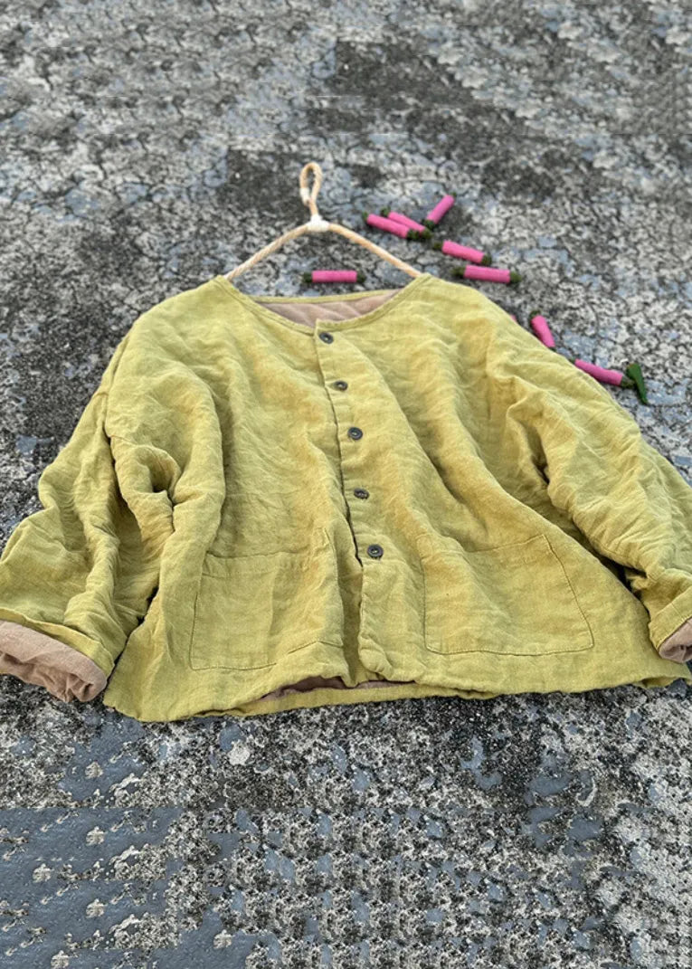 Loose Green O Neck Button Pockets Linen Coats Fall