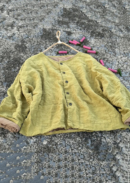 Loose Green O Neck Button Pockets Linen Coats Fall
