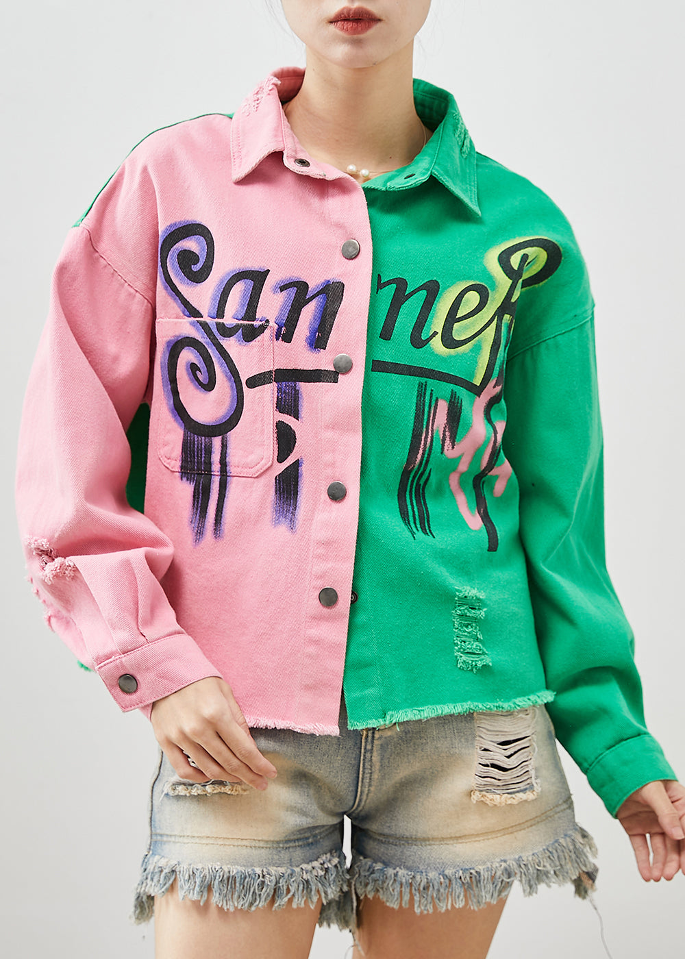 Colorblock Asymmetrical Patchwork Denim Jacket Spring