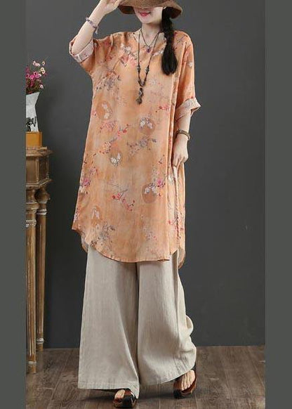 Orange Print Long Linen Top Summer