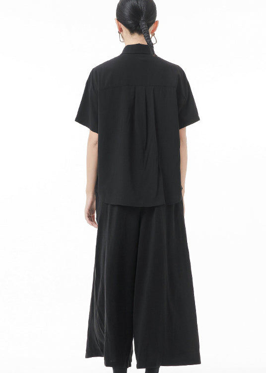 Black Peter Pan Collar Asymmetrical Design Shirt Tops Short Sleeve