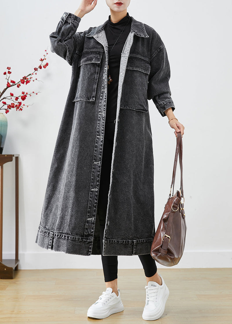 Black Oversized Pockets Denim Trench Coats Fall