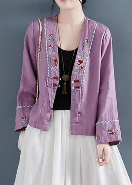 Diy Purple V Neck Embroideried Patchwork Shirts Long Sleeve
