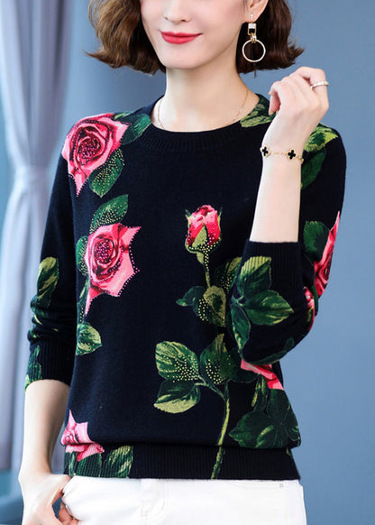 Black O Neck Print Woolen Knit Pullover Spring