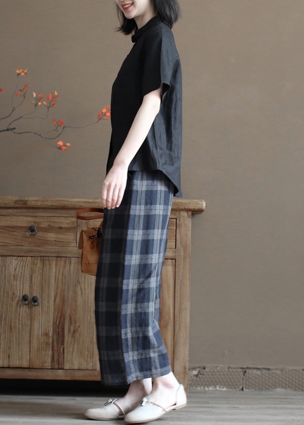 Black Pocket Linen Loose Shirt Tops Peter Pan Collar Half Sleeve