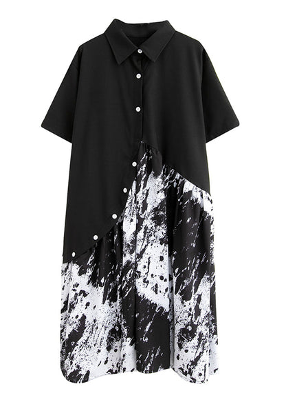 Black Peter Pan Collar Button Asymmetrical Print Shirt Dress Short Sleeve