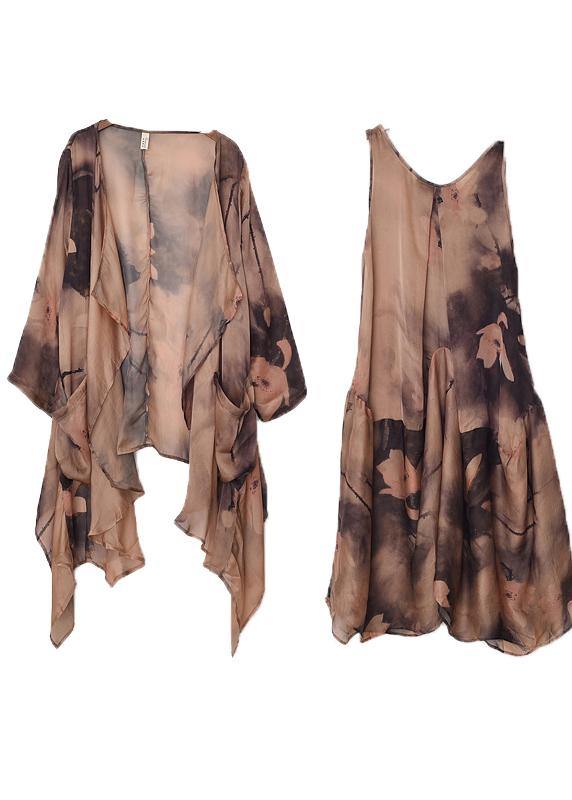 Khaki Print Asymmetrical Design Long Summer Chiffon Dress