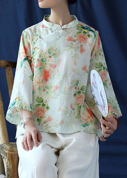 Beige Linen Shirt Top Stand Collar Low High Design Three Quarter Sleeve