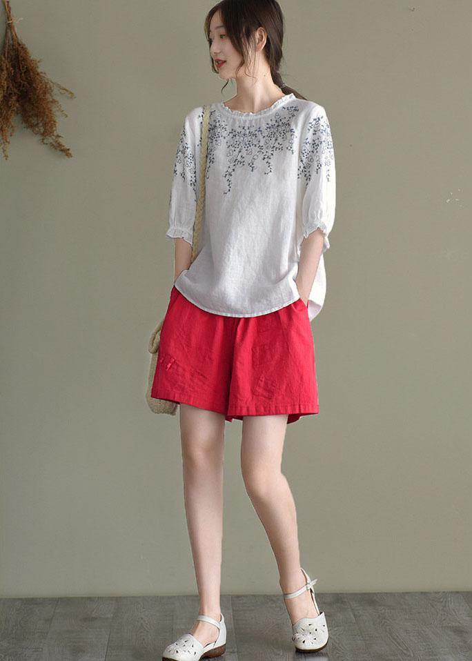 Simple White Loose O-neck Embroideried Summer Linen Blouse Top