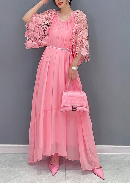 Pink O-neck Lace Patchwork Nail Bead Chiffon Long Dress Summer