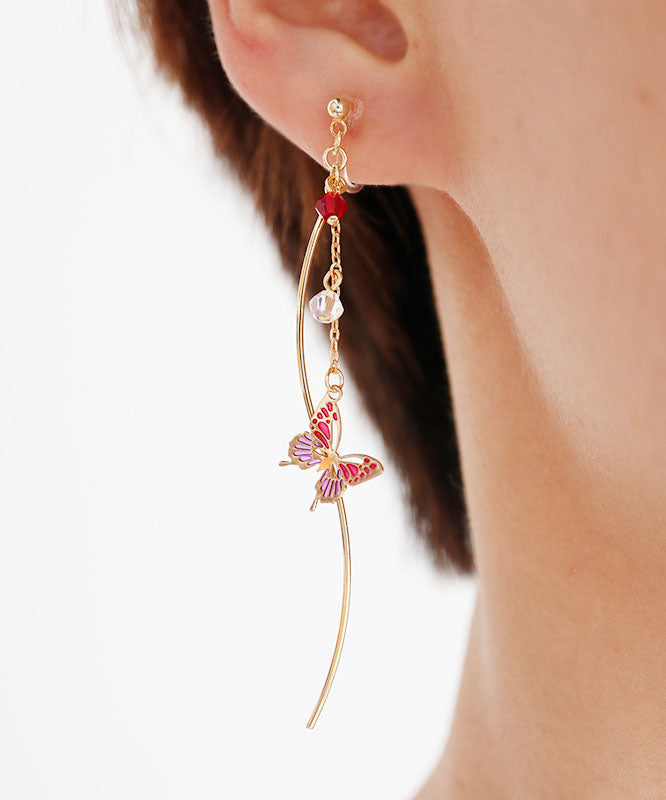 Classy Pink Butterfly and Line Copper Gem Stone Drop Earrings