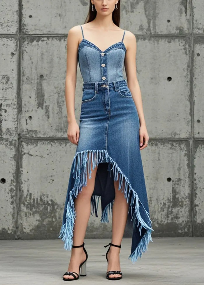Blue Tasseled Asymmetrical Design Denim Skirt Fall